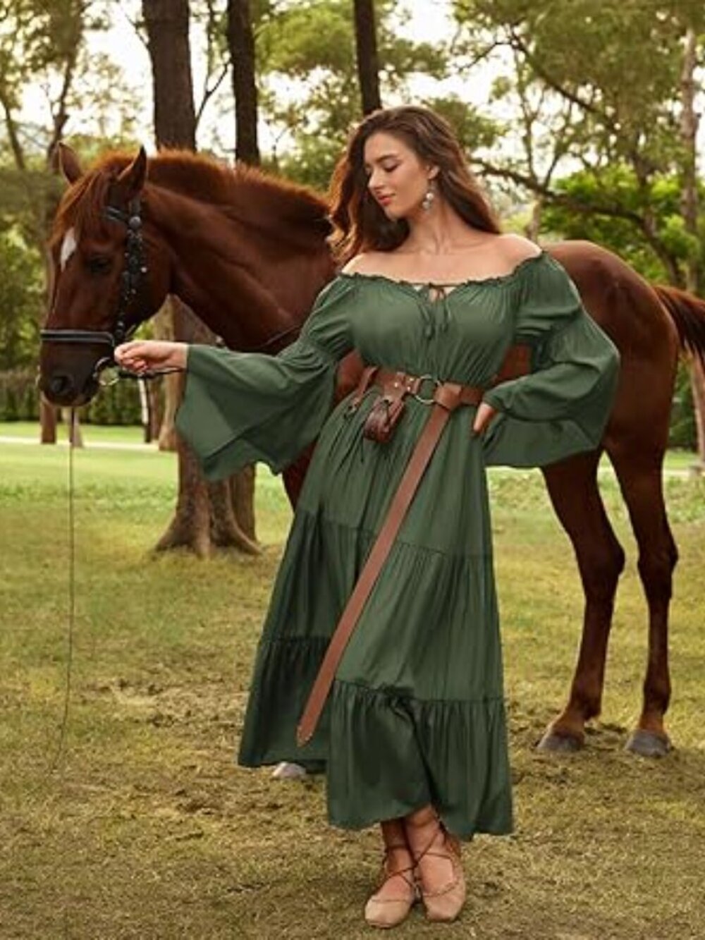 Scarlet Darkness Renaissance Women Off Shoulder Bell Sleeve Tiered Maxi - Picture 3 of 5